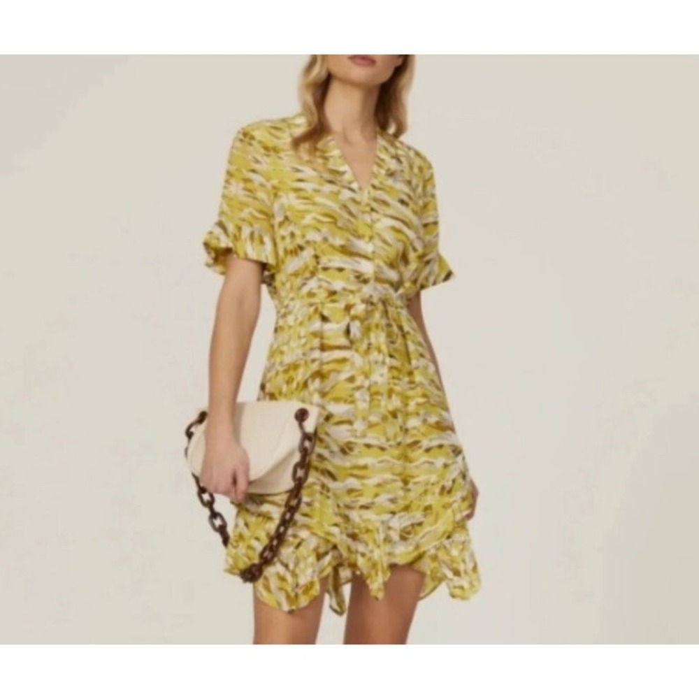 All Saints Frankie Oniyuri Yellow White Layered Abstract Short Belted Dress US 2